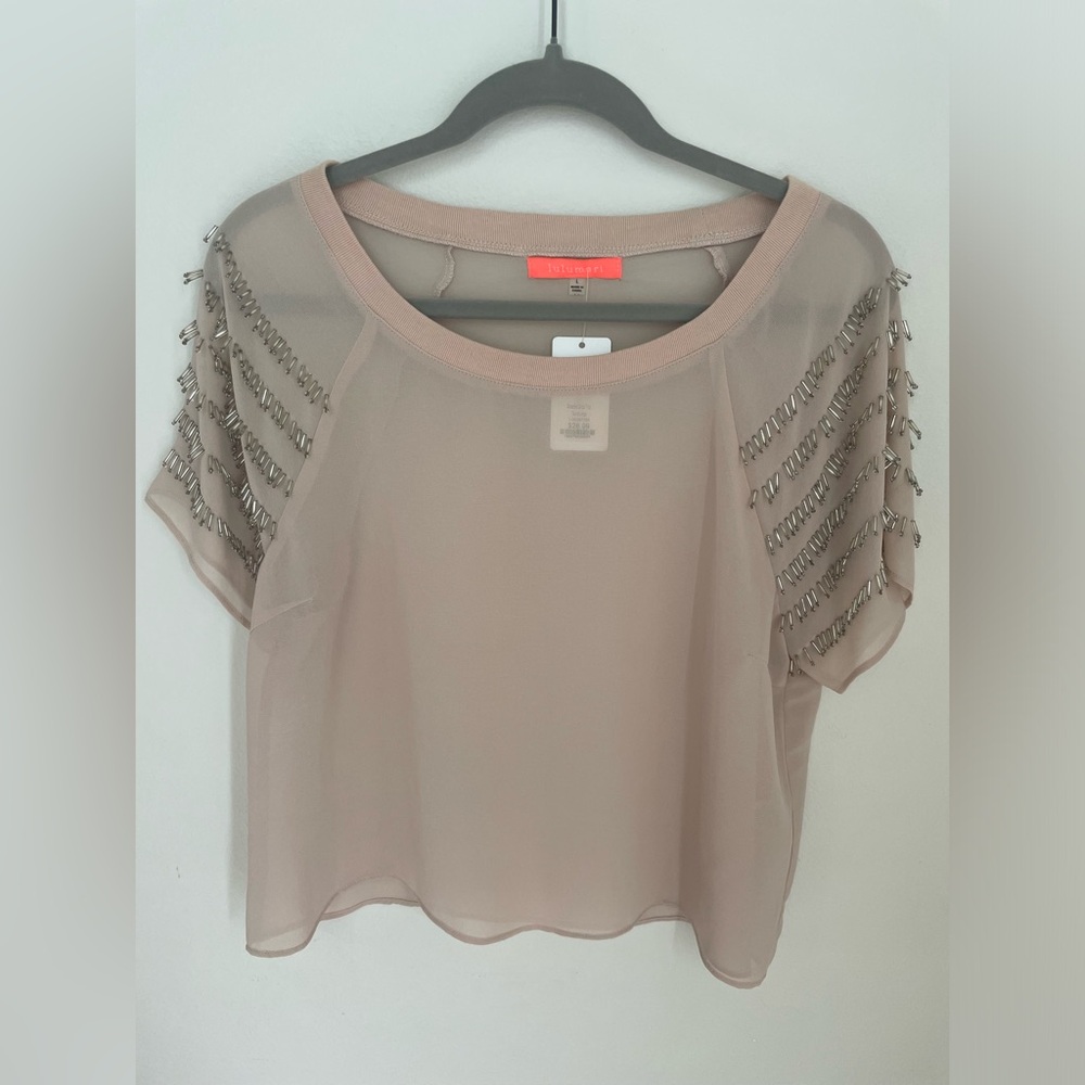 lulumari beaded sleeve sheer crop top